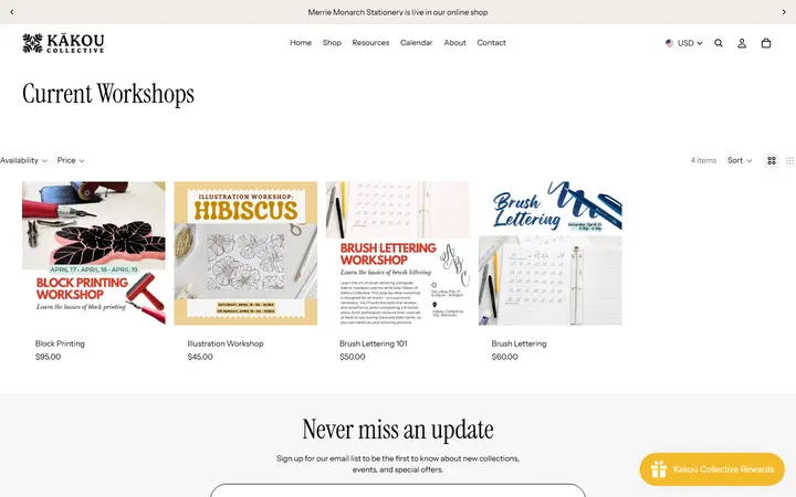 Website page titled Current Workshops – Kakou Collective