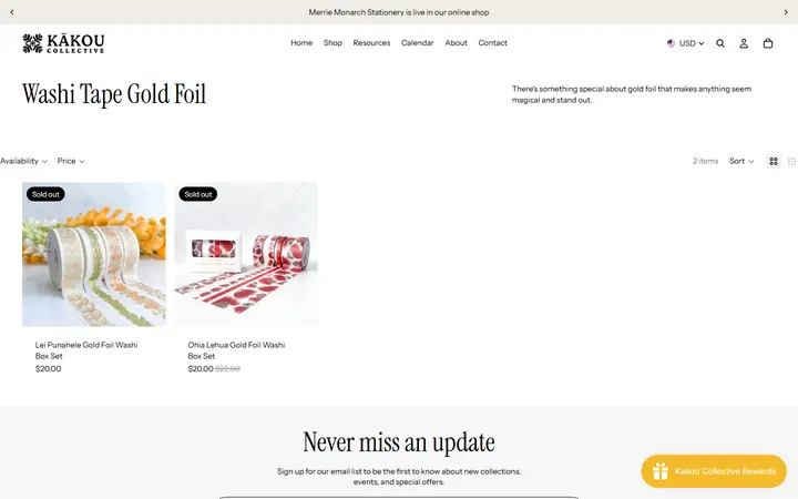 Website page titled Washi Tape Gold Foil – Kakou Collective