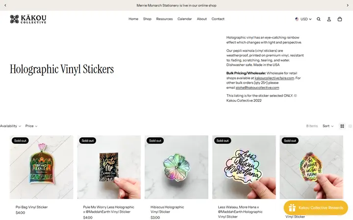 Website page titled Holographic Vinyl Stickers – Kakou Collective