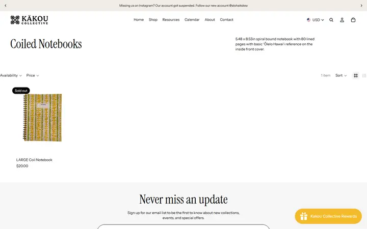Website page titled Coiled Notebooks – Kakou Collective