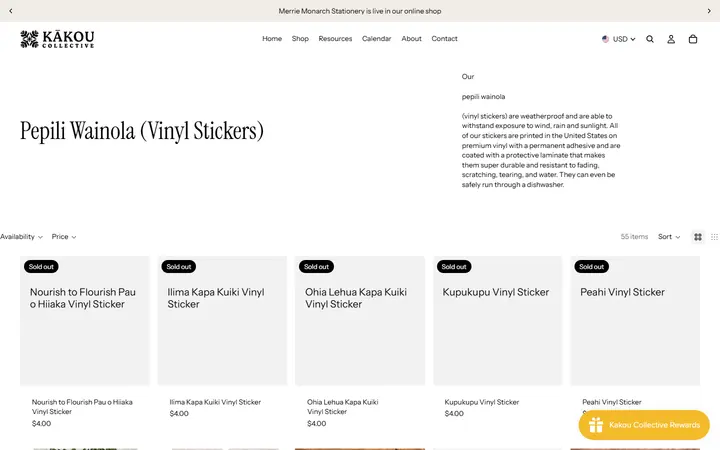 Website page titled Pepili Wainola (Vinyl Stickers) – Kakou Collective