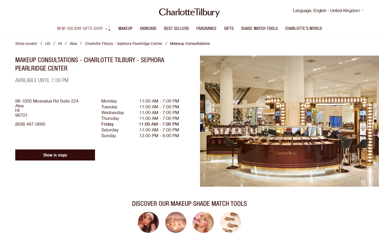 Viewport capture of Charlotte Tilbury - Sephora Pearlridge Center website