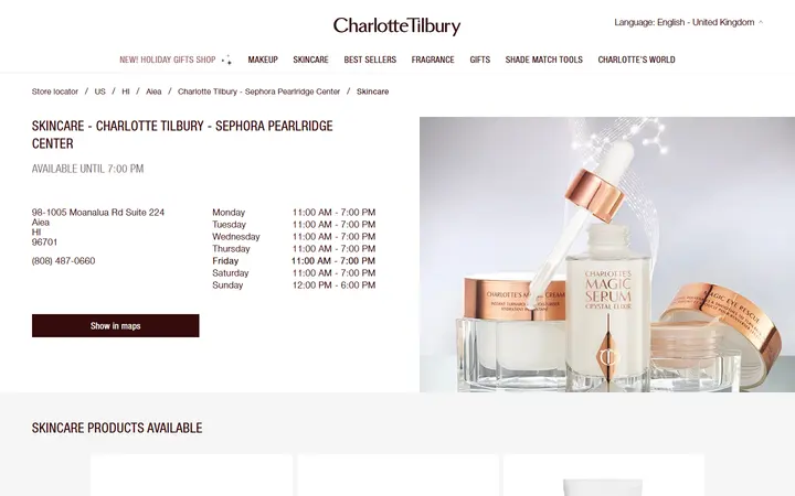 Website page titled Skincare - Charlotte Tilbury Sephora Pearlridge Center