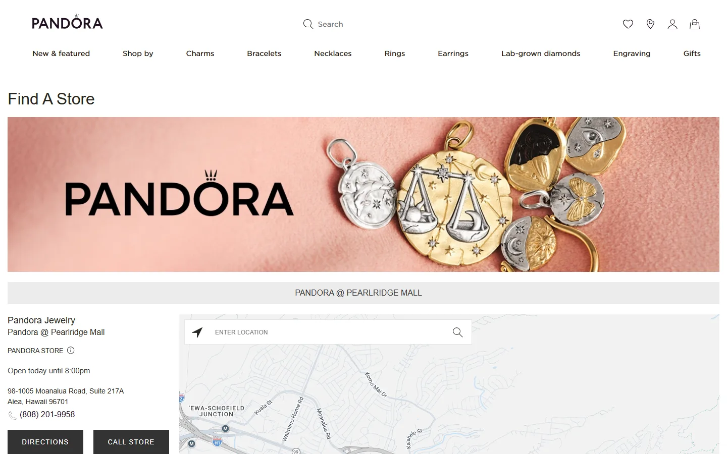 Viewport capture of Pandora Jewelry website