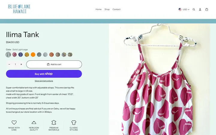 Website page titled Ilima Tank – Blue Lani Hawaii