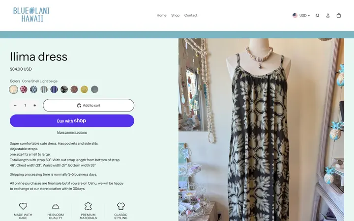 Website page titled Ilima dress – Blue Lani Hawaii