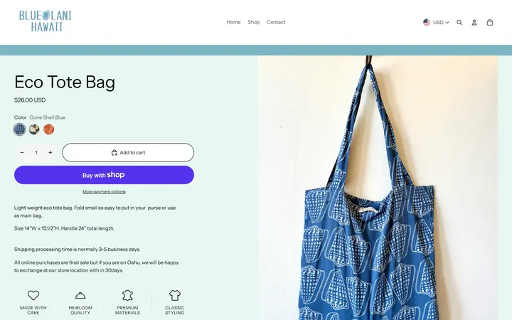Website page titled Eco Tote Bag – Blue Lani Hawaii