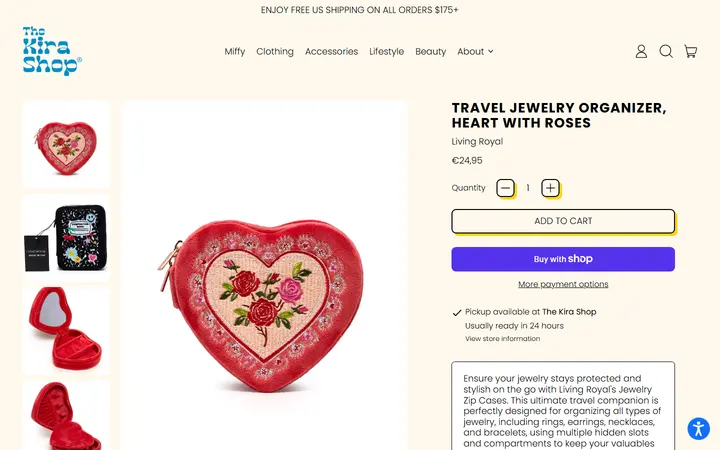 Website page titled Travel Jewelry Organizer, Heart with Roses – The Kira Shop