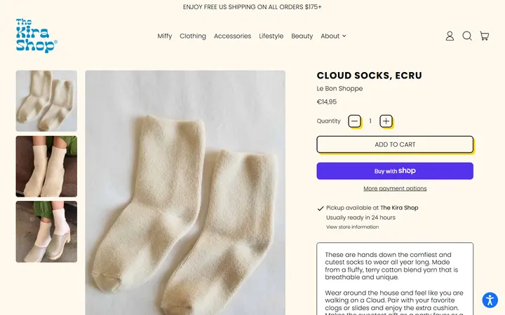 Website page titled Cloud Socks, Ecru – The Kira Shop