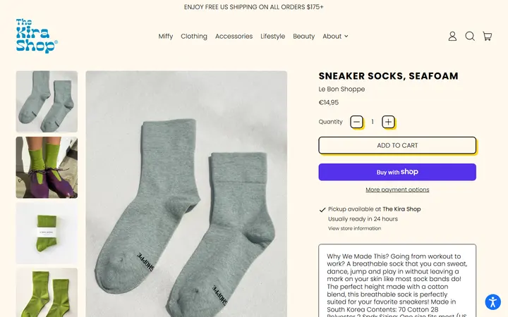 Website page titled Sneaker Socks, Seafoam – The Kira Shop