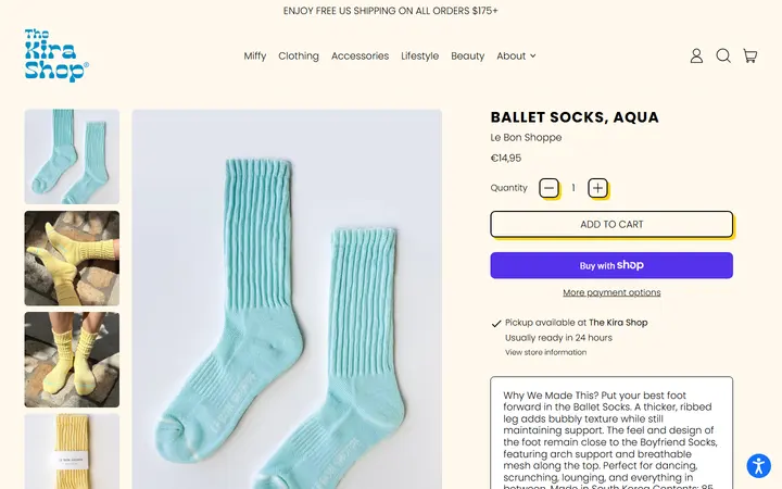 Website page titled Ballet Socks, Aqua – The Kira Shop