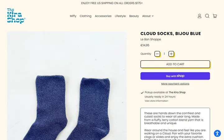 Website page titled Cloud Socks, Bijou Blue – The Kira Shop