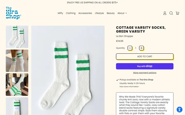 Website page titled Cottage Varsity Socks, Green Varsity – The Kira Shop