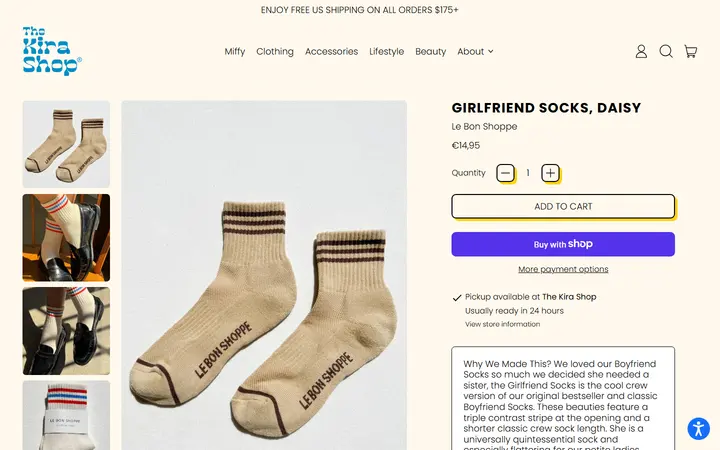 Website page titled Girlfriend Socks, Daisy – The Kira Shop
