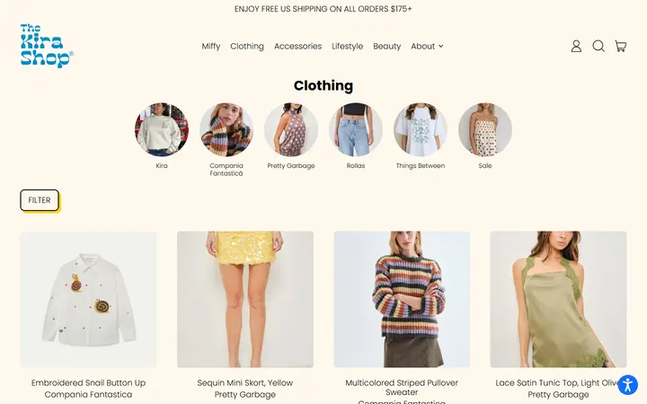 Website page titled All Clothing – The Kira Shop