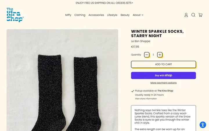Website page titled Winter Sparkle Socks, Starry Night – The Kira Shop