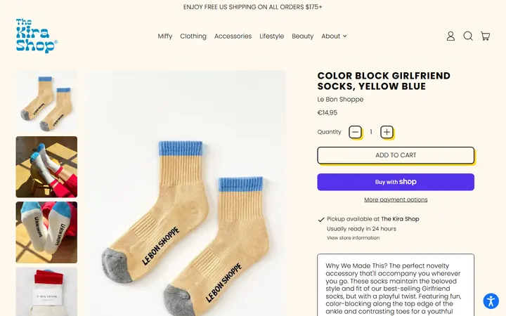 Website page titled Color Block Girlfriend Socks, Yellow Blue – The Kira Shop