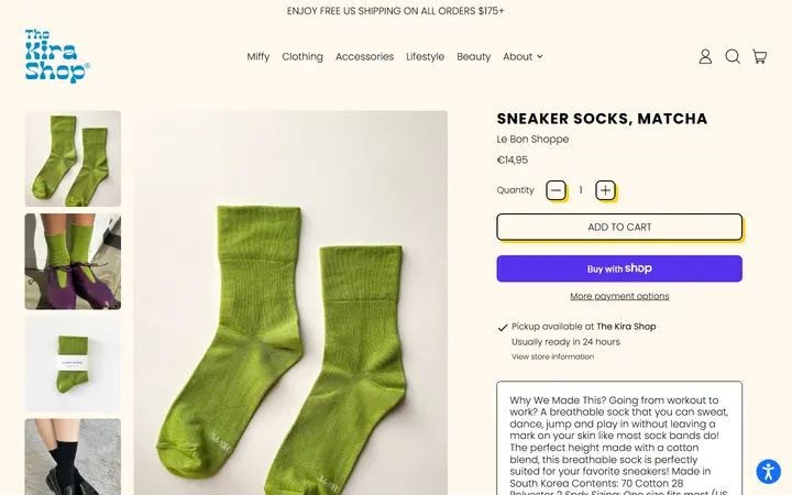 Website page titled Sneaker Socks, Matcha – The Kira Shop