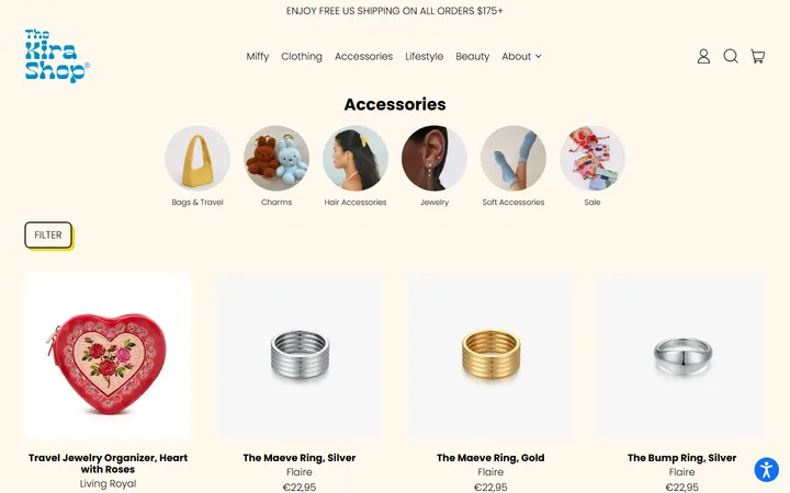 Website page titled All Accessories – The Kira Shop