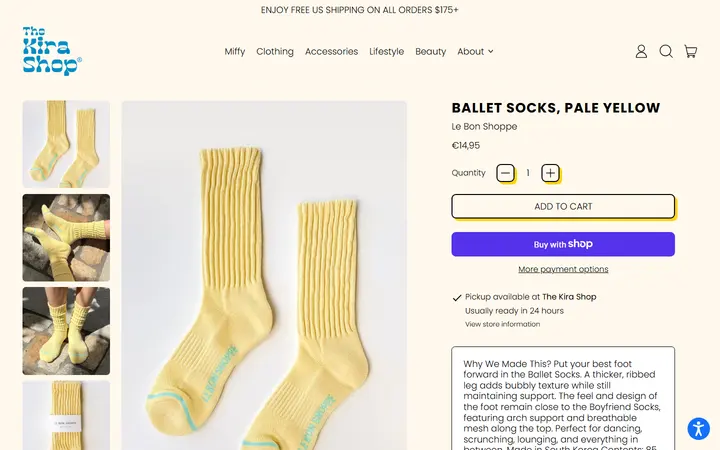 Website page titled Ballet Socks, Pale Yellow – The Kira Shop