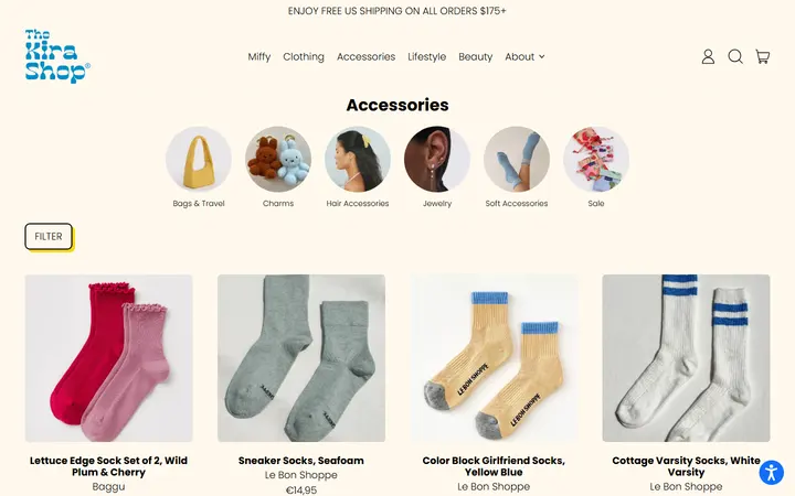 Website page titled Soft Accessories – The Kira Shop