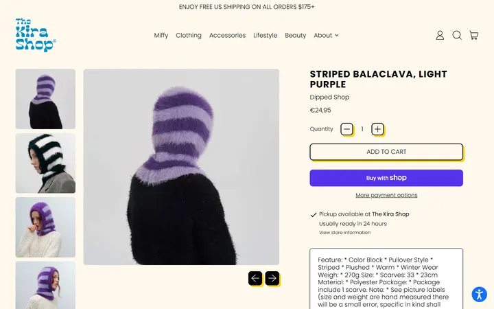 Website page titled Striped Balaclava, Light Purple – The Kira Shop