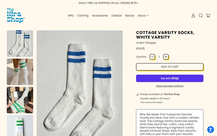Website page titled Cottage Varsity Socks, White Varsity – The Kira Shop