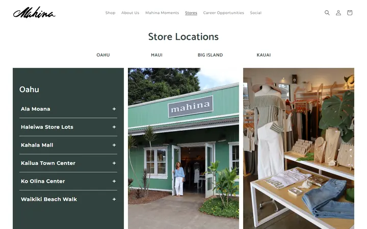 Website page titled Stores – Shop Mahina