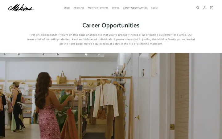 Website page titled Career Opportunities – Shop Mahina