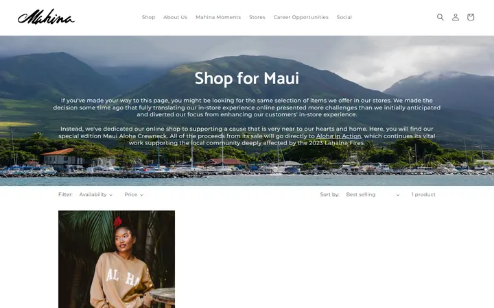 Website page titled Shop for Maui – Shop Mahina