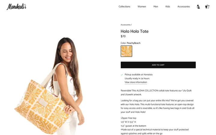 Website page titled Holo Holo Tote – Manuheali'i