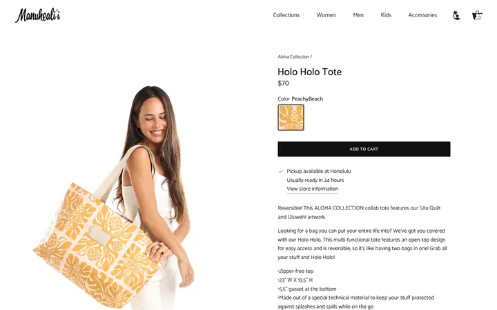 Website page titled Holo Holo Tote – Manuheali'i