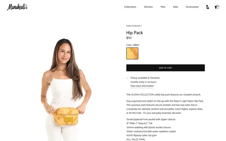 Website page titled Hip Pack – Manuheali'i