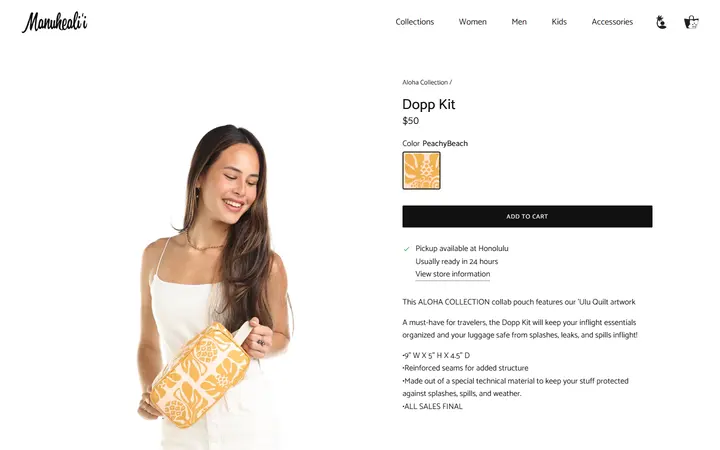 Website page titled Dopp Kit – Manuheali'i
