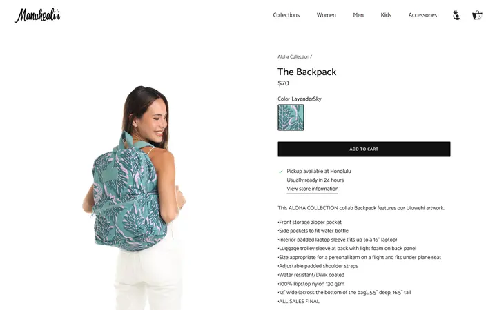 Website page titled The Backpack – Manuheali'i