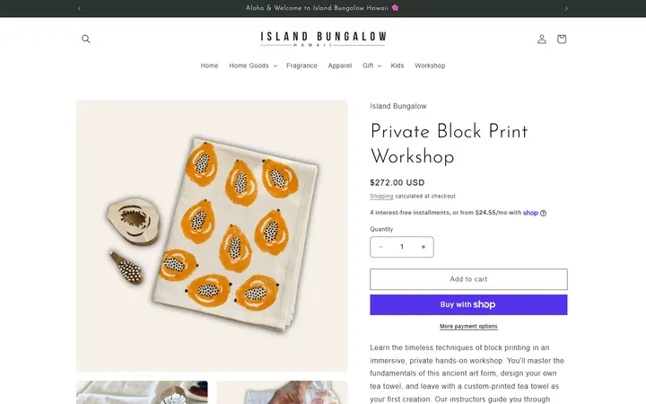 Website page titled Private Block Print Workshop – Island Bungalow Hawaii