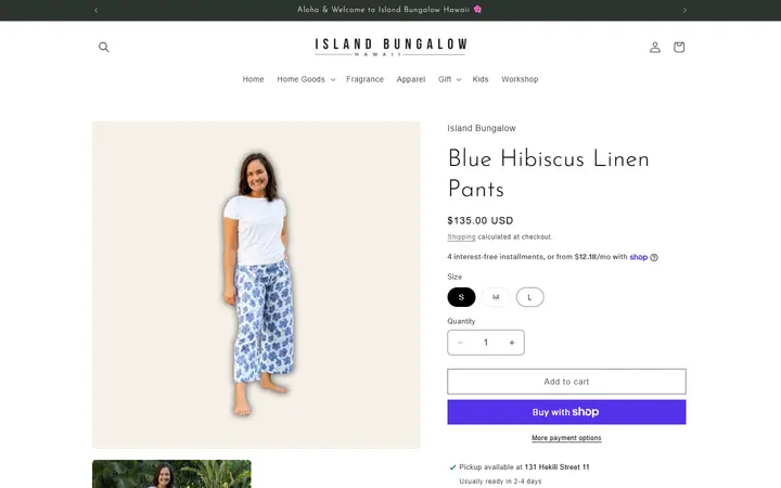 Website page titled Blue Hibiscus Linen Pants – Island Bungalow Hawaii