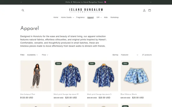 Website page titled Apparel – Island Bungalow Hawaii
