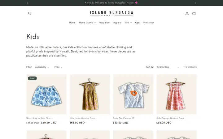 Website page titled Kids – Island Bungalow Hawaii