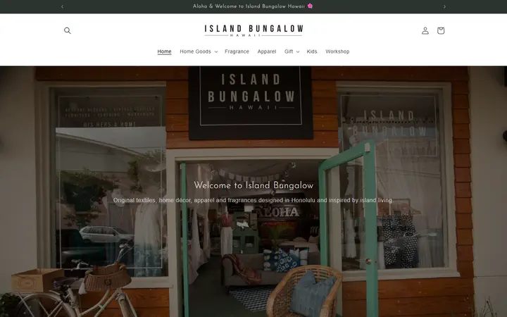 Website page titled Island Bungalow Hawaiʻi | Block Print Bedding, Home Decor & Fragrance – Island Bungalow Hawaii