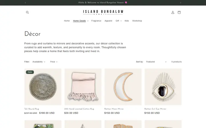 Website page titled Décor – Island Bungalow Hawaii