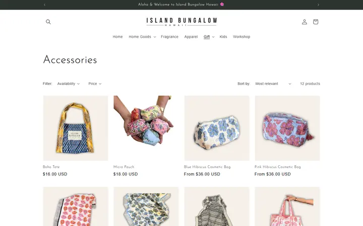 Website page titled Accessories – Island Bungalow Hawaii