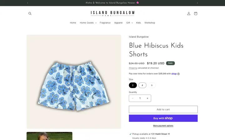 Website page titled Blue Hibiscus Kids Shorts – Island Bungalow Hawaii