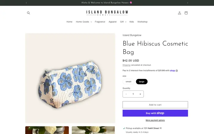 Website page titled Blue Hibiscus Cosmetic Bag – Island Bungalow Hawaii