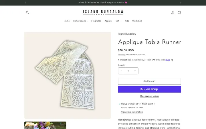 Website page titled Applique Table Runner – Island Bungalow Hawaii