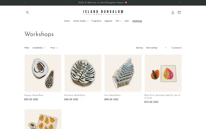 Website page titled Workshops – Island Bungalow Hawaii