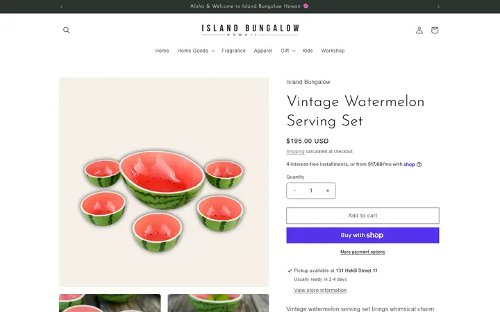 Website page titled Vintage Watermelon Serving Set – Island Bungalow Hawaii