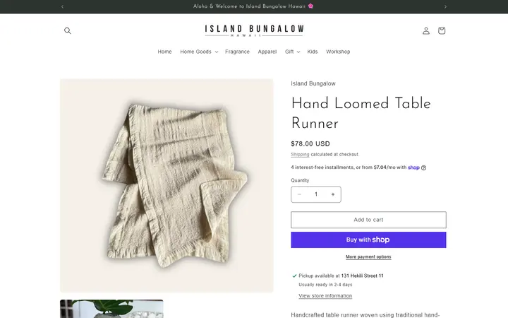 Website page titled Hand Loomed Table Runner – Island Bungalow Hawaii