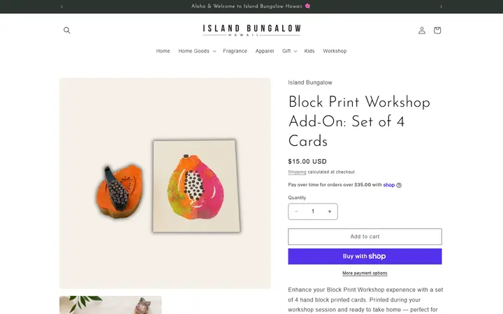Website page titled Block Print Workshop Add-On: Set of 4 Cards | Island Bungalow – Island Bungalow Hawaii
