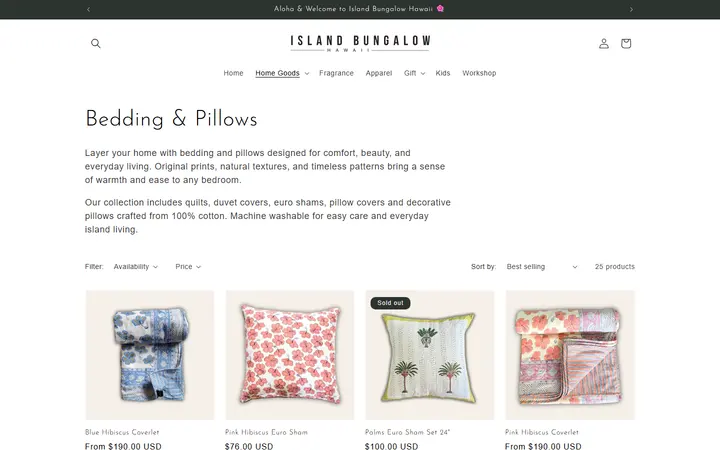 Website page titled Bedding & Pillows – Handcrafted Block Print Textiles | Island Bungalow Hawaii